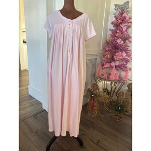 Eileen West Classic Pink Striped Button Front Nightgown Long Sleeve Size Large